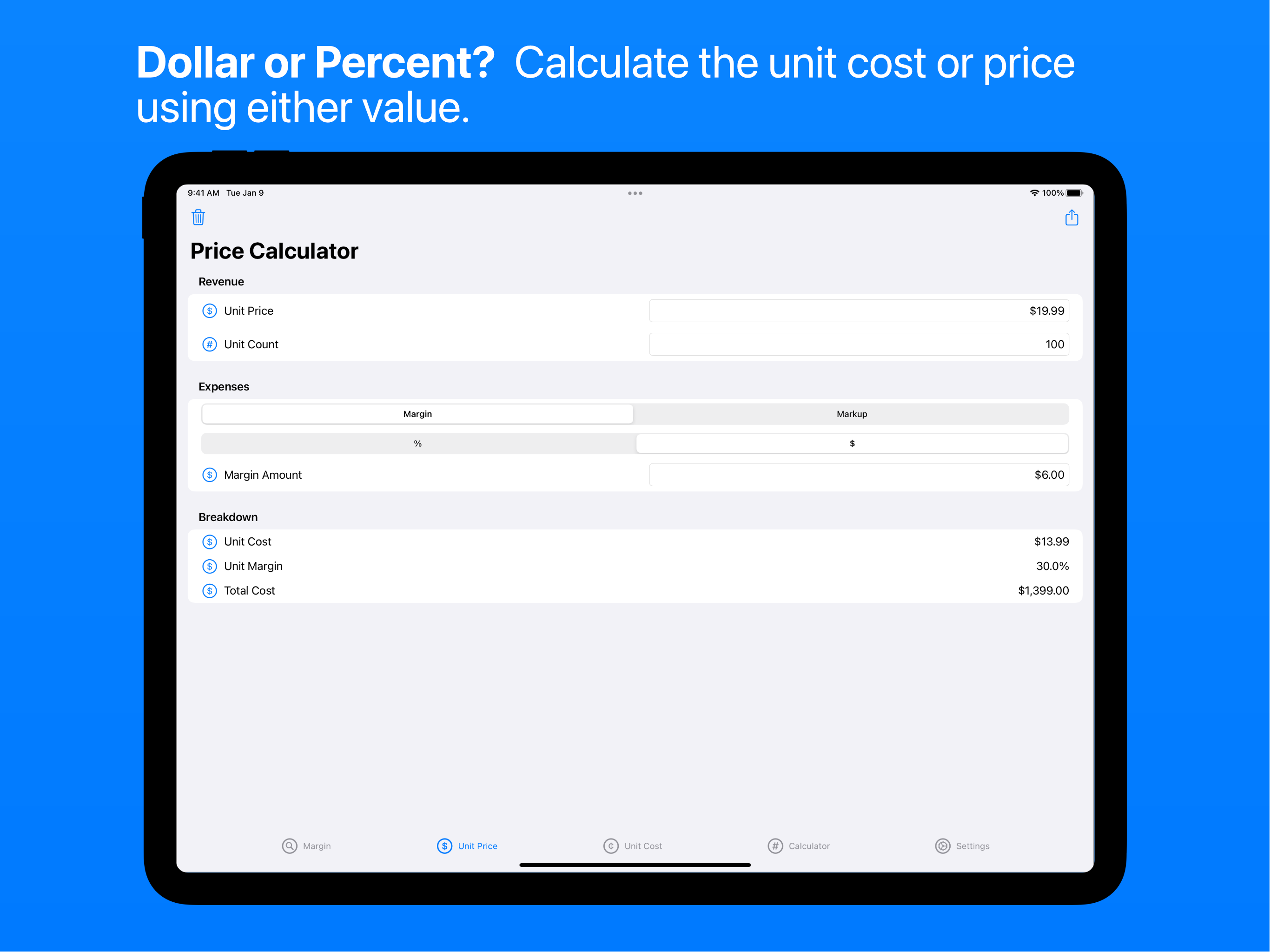 Dollar or Percent Calculation on iPad