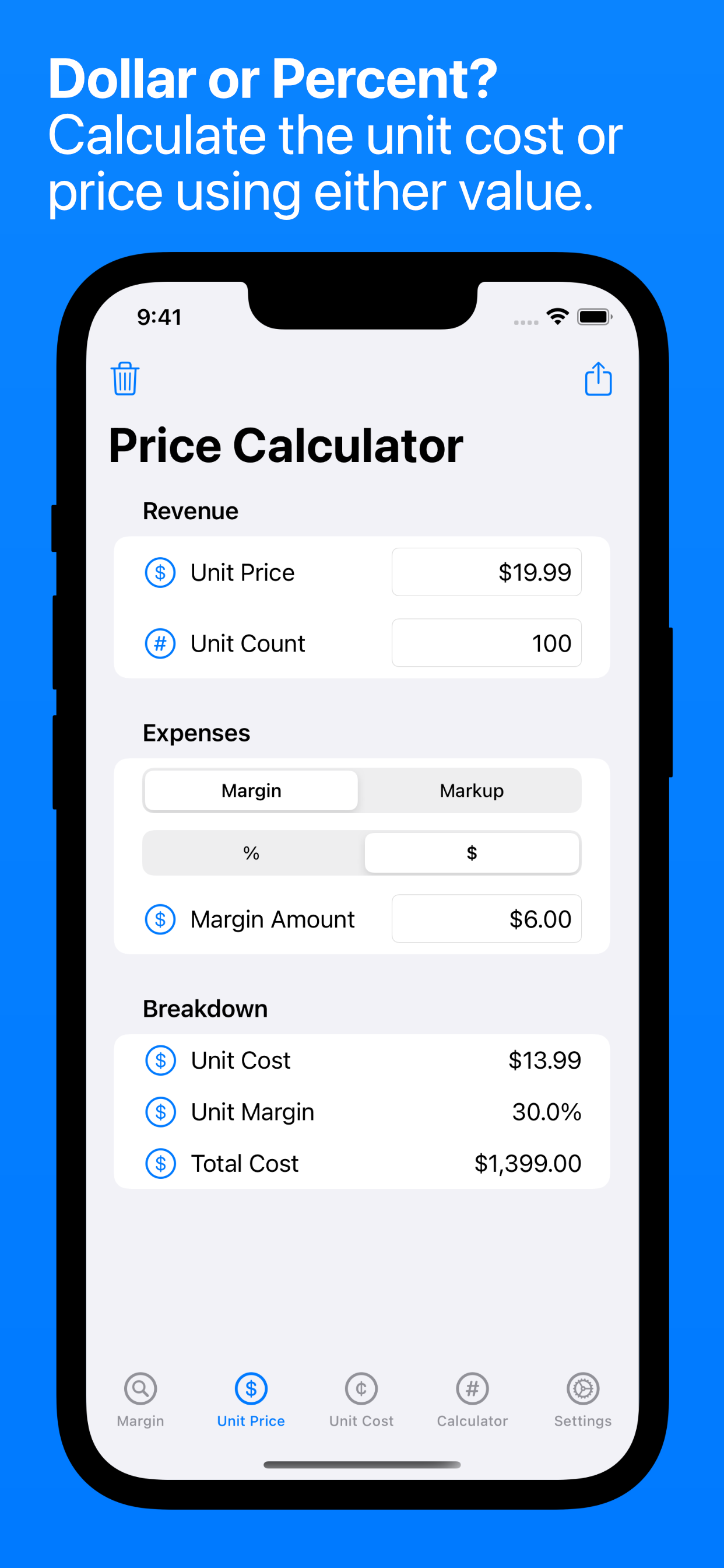 Dollar or Percent Margin Calculation on iPhone